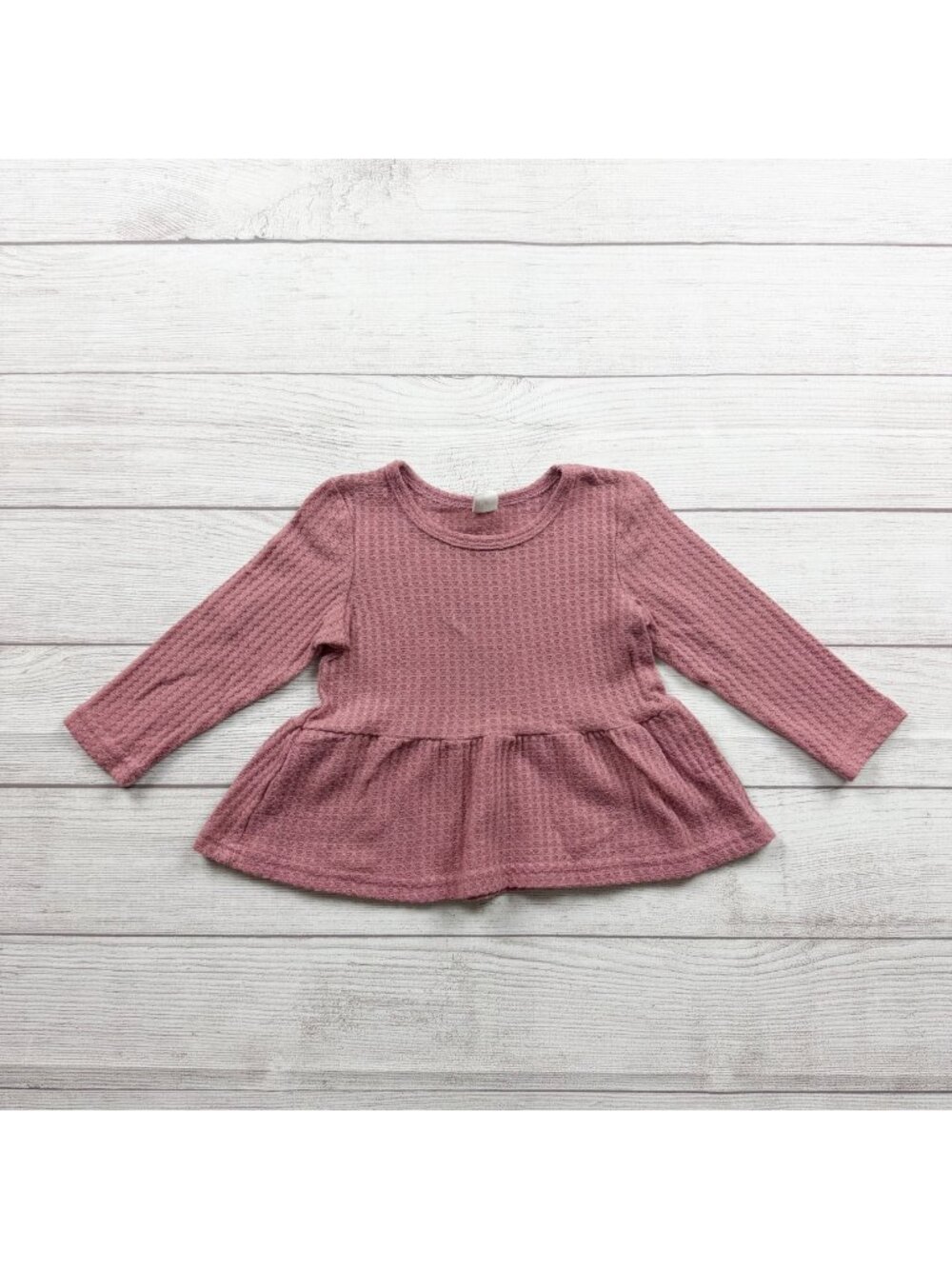 Shein Pink Waffle Knit Long Sleeve Peplum Baby Girl Shirt 2-3